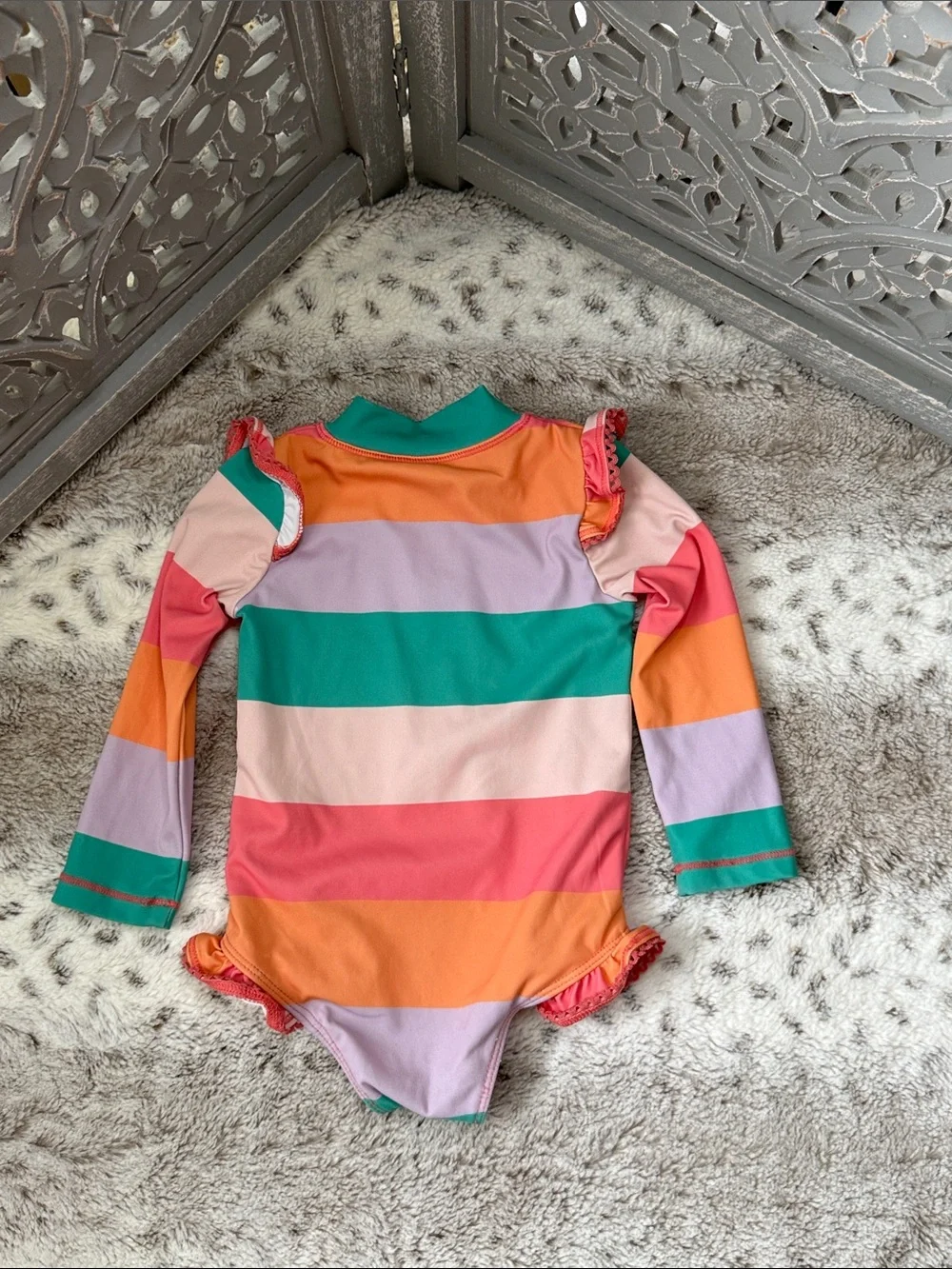 Eddie Bauer long sleeve swimsuit baby girls 18 months stripes ruffles beach